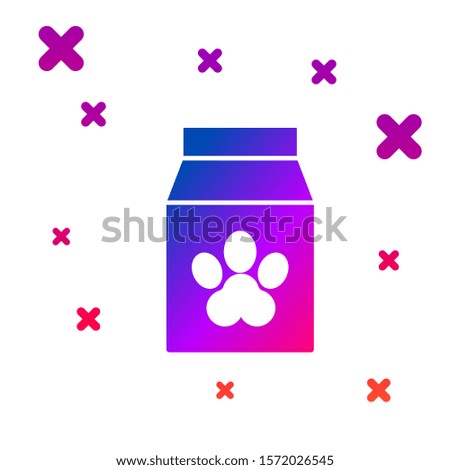 Color Bag of food for pet icon isolated on white background. Food for animals. Pet food package. Dog or cat paw print. Gradient random dynamic shapes. Vector Illustration