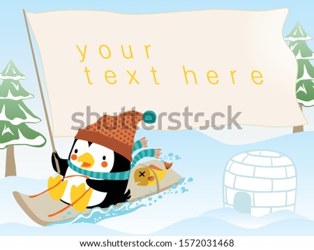 penguin cartoon on sled carrying a large banner in snow land
