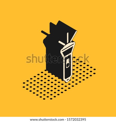 Isometric Flashlight icon isolated on yellow background.  Vector Illustration