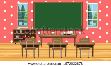 Classroom scene with chalkboard and desks illustration