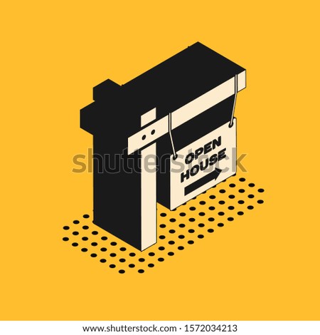 Isometric Hanging sign with text Open house icon isolated on yellow background. Signboard with text Open house.  Vector Illustration