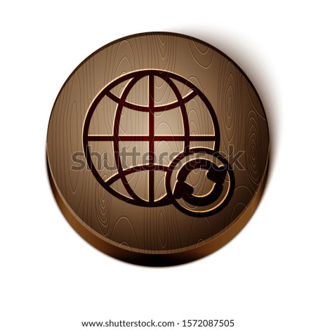 Brown line Planet earth and a recycling icon isolated on white background. Environmental concept. Wooden circle button. Vector Illustration
