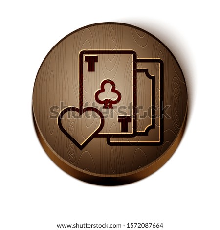 Brown line Playing card with clubs symbol icon isolated on white background. Casino gambling. Wooden circle button. Vector Illustration
