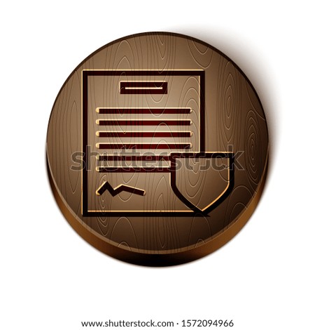Brown line Contract with shield icon isolated on white background. Insurance concept. Security, safety, protection, protect concept. Wooden circle button. Vector Illustration