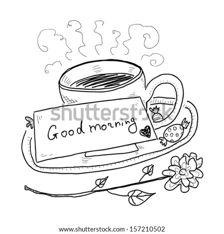 Hand drawn cup of hot tea and card with text