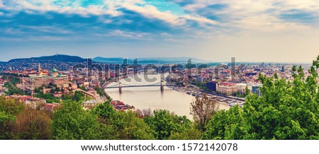 Panoramic view of Budapest with Danube, Buda hill and Pest, travel outdoor Hungary background Royalty-Free Stock Photo #1572142078