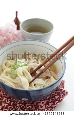 Japanese food, flat undo Kishimen and pork in soup Royalty-Free Stock Photo #1572146233