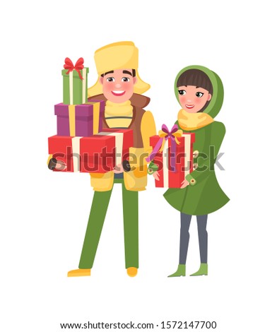 Merry Christmas, couple returns from shopping with packages. Happy young family getting ready to Xmas eve. Man and woman with bags isolated raster