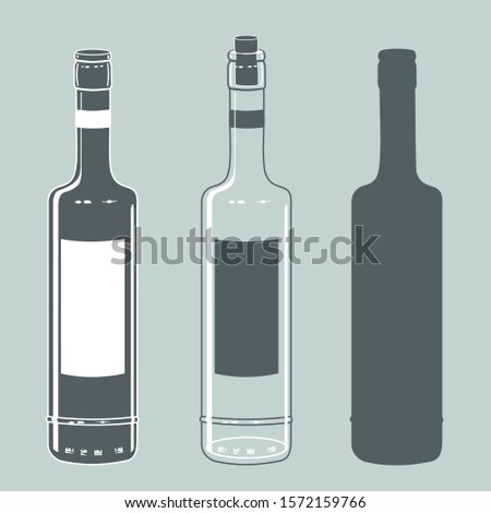 Set of two identical transparent and dark glass wine bottles, as well as their stencil, clip art on a gray isolated background in vintage style