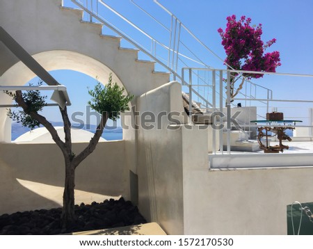 Pink beautiful flowers and tree from Greek stairs on a background of blue sea, sky and mountains