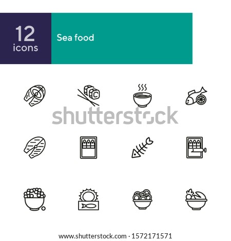 Sea food line icon set. Set of line icons on white background. Bowl, fish, sardines. Food concept. Vector illustration can be used for topics like eating, cooling, resting