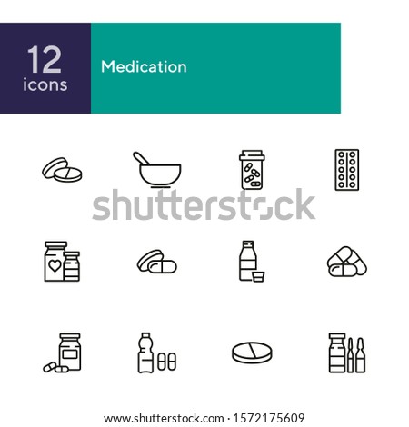 Medication icon set. Line icons collection on white background. Tablet, pill, painkiller. Supplement concept. Can be used for topics like healthcare, illness, pharmacy