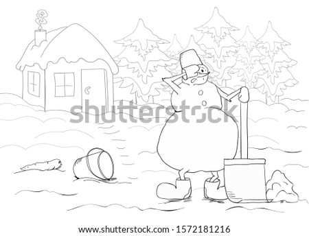 New Year's card with a snowman and a shovel, a house and Christmas trees