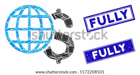 Mosaic global finances pictogram and rectangle Fully rubber prints. Flat vector global finances mosaic pictogram of scattered rotated rectangular items. Blue Fully rubber seals with distress texture.