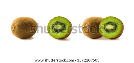 Kiwi fruit and slice isolated on white background. Tropical fruits on white. Kiwi with copy space for text. Fruits from different angles on white. Set of kiwi fruits.