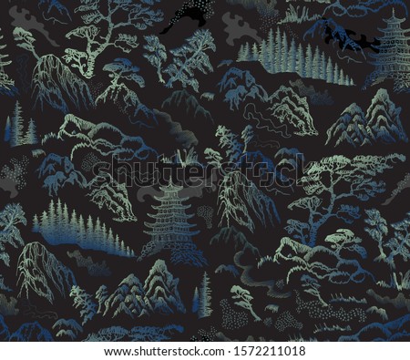Vector seamless pattern of hand drawn sketches in Japanese and Chinese nature ink illustration sumi-e tradition.Textured fir pine tree, pagoda temple, mountain, river, pond, rock on a black background Royalty-Free Stock Photo #1572211018