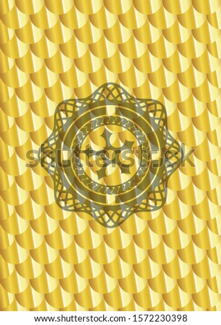 ninja star icon inside gold shiny emblem. Scales pattern. Vector Illustration. Detailed.