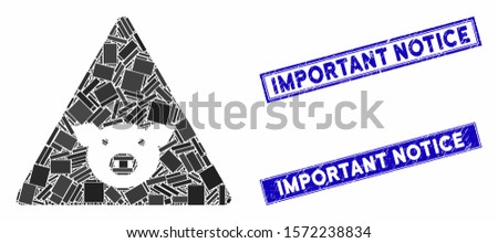 Mosaic pig error icon and rectangle Important Notice watermarks. Flat vector pig error mosaic icon of scattered rotated rectangle elements. Blue Important Notice stamps with grunged texture.