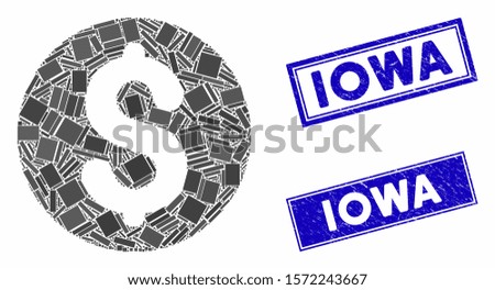 Mosaic coin pictogram and rectangle Iowa seal stamps. Flat vector coin mosaic pictogram of random rotated rectangular elements. Blue Iowa rubber stamps with rubber surface.