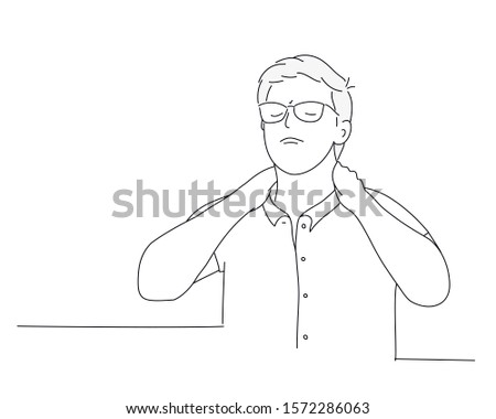 Businessman thinks, massaging his neck. Line drawing vector illustration.