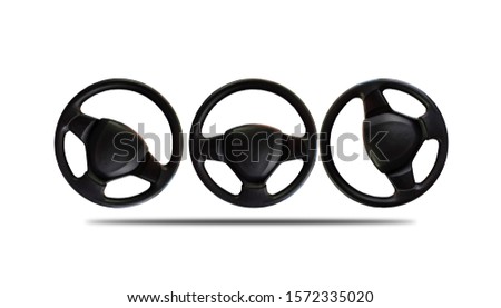 3 Black leather car steering wheel separated from the background clipping part