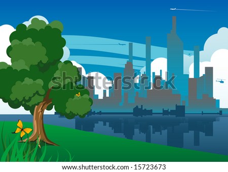 This is an illustration of a City viewed from a park with a reflection off water.