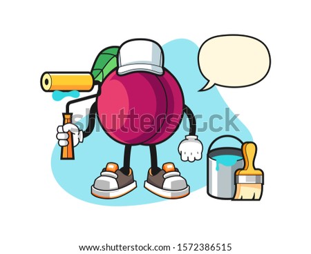 Plum painter with speech bubble cartoon. Mascot Character vector.