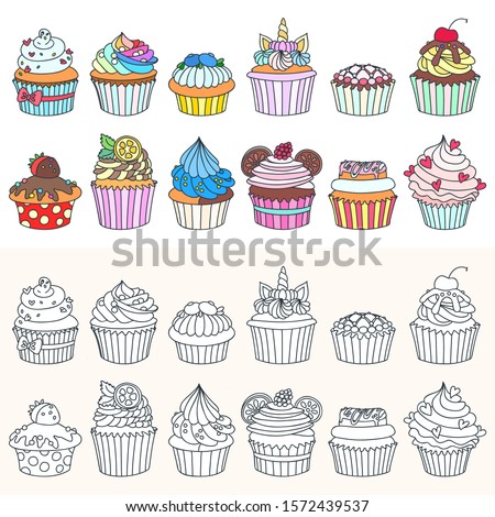 Set of cupcake icons. Doodle illustration of cupcakes decorated with cream, raspberry, hearts, cherry, citrus, blueberry and cookies. Two collections of colored and monochrome dessert icons. Vector 