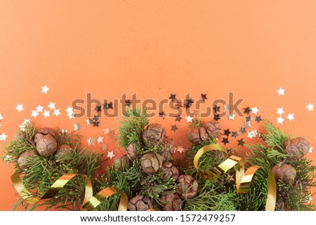Christmas card. Gold trendy composition with coniferous branches