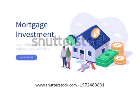 
Family Buying Home with Mortgage and Paying Credit to Bank. People Invest Money in Real Estate Property. House Loan, Rent and Mortgage Concept. Flat Isometric Vector Illustration.