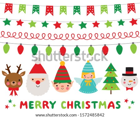 Christmas characters (Santa, Deer, elf, angel, snowman) and decoration, vector set
