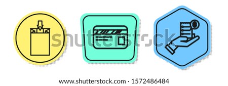 Set line Paper shopping bag, Credit card and Human hand holding with blank receipt or bill for payment. Colored shapes. Vector