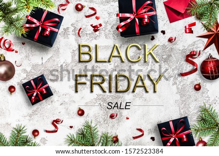 Black Friday Super Sale. Realistic black gifts boxes. glitter gold confetti, gift box with red bow. background golden text lettering. Horizontal banner, poster, header website