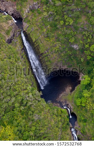 Aerial View of water falls in Lanaì Island, Hawaii, USA.