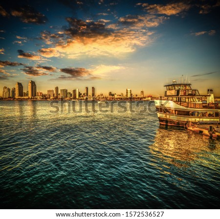Ferry boat in San Diego at sunset, California