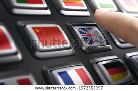 Finger pressing multilingual support buttons and choosing english language. Composite image between a hand photography and a 3D background. Royalty-Free Stock Photo #1572553957