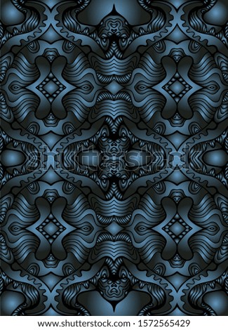 Fantastic surreal abstract maze ornament background, cyan and dark silver metallic  gradient color. Cyberpunk ornamental cover. Vector illustration.