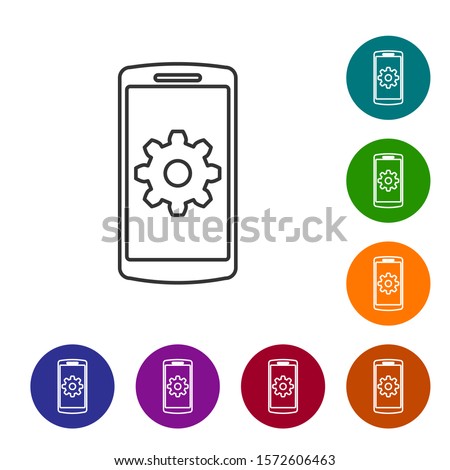 Grey Setting on smartphone screen icon on white background. Mobile phone and gear sign. Adjusting app, set options, repair, fixing phone concepts