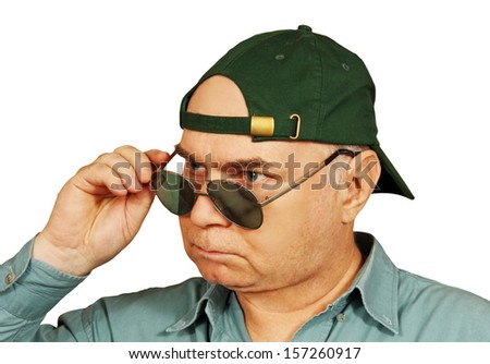 man in a green baseball cap and sunglasses closeup photo on a white background. 