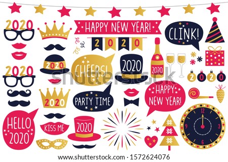 New Year 2020 vector party signs and photo booth props collection, isolated on white