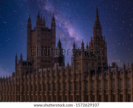 London England, the British parliament impressive building under starry night sky
