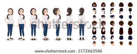 Cartoon character with a woman in T-shirt white casual for animation. Front, side, back, 3-4 view character. Set of female head and flat vector illustration. Royalty-Free Stock Photo #1572663586