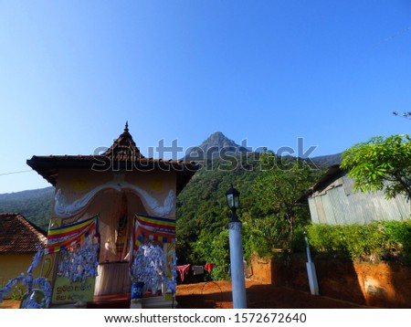 Buddhist temple with Adam's peak in the background (Sri Pada), Sri Lanka