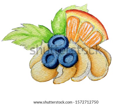 Watercolor yellow cream with blueberries, mint leaf and orange slice isolated on the white background