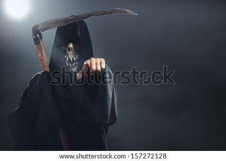 death with scythe standing in the fog at night and points to you