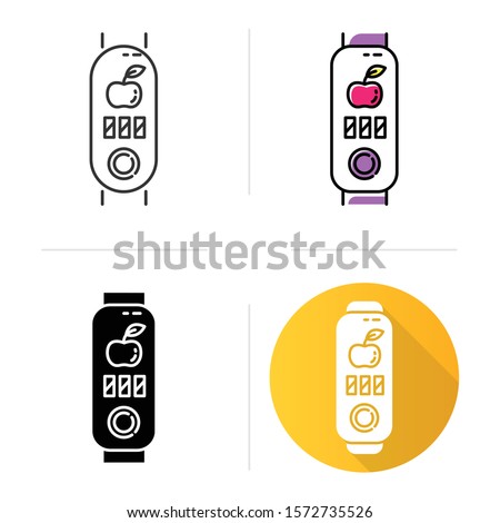 Fitness tracker with calories counter icons set. Wellness device with healthy nutrition habits monitoring. Gadget with meal notification. Linear, black and color styles. Isolated vector illustrations