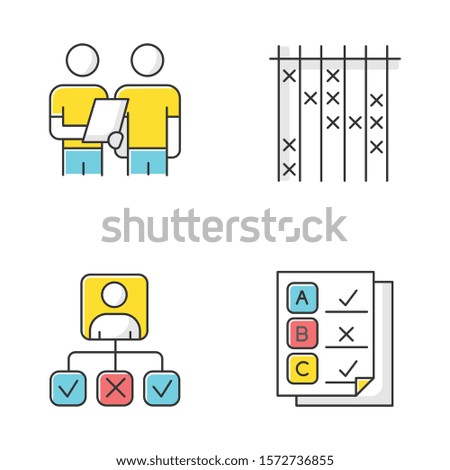 Survey color icons set. Interview, questioning. Checklist mark. Info collection and analysis. Personal profile. Questionnaire, written test. Check list, select option. Isolated vector illustrations