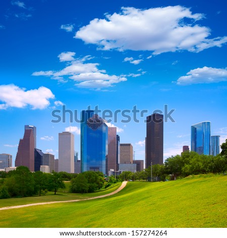 Houston Texas Skyline with modern skyscrapers and blue sky view from park lawn
