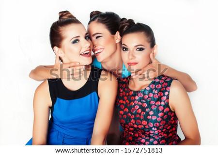 group of diverse stylish ladies in bright dresses isolated on white smiling having fun, watching selfie, lifestyle people concept