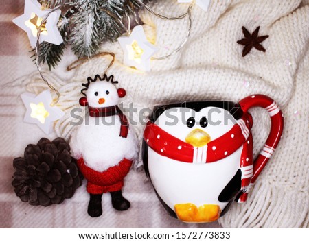 Christmas picture in flatlay style funny snowman and penguin